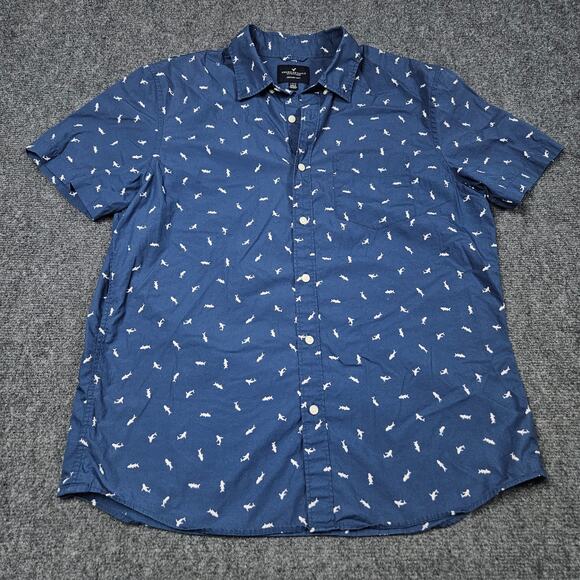 American Eagle Shirt Large Blue Sharks All Over Print Seriously Soft Short Slve - Picture 1 of 5